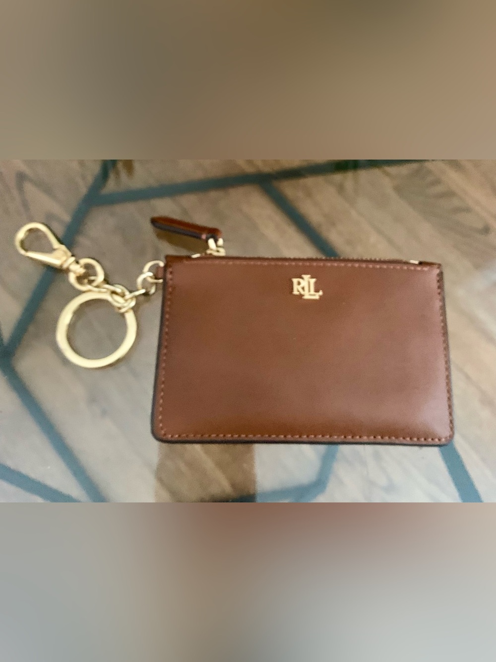 Ralph Lauren Brown Leather Zip Card Case with Gold RLL Logo and Key Ring 5x3